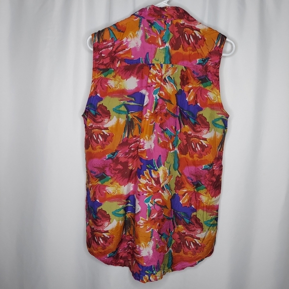 Protest Silk Top Sleeveless Multicolor Button Collar Abstract Floral Medium 90s - Picture 2 of 6